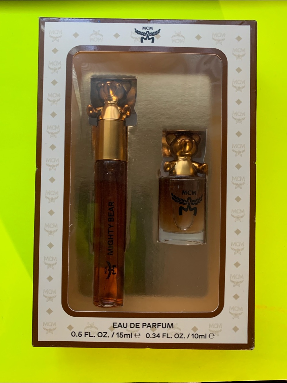 MCM Mighty Bear Amber Glass Accent Bottles with Gold Bear Caps